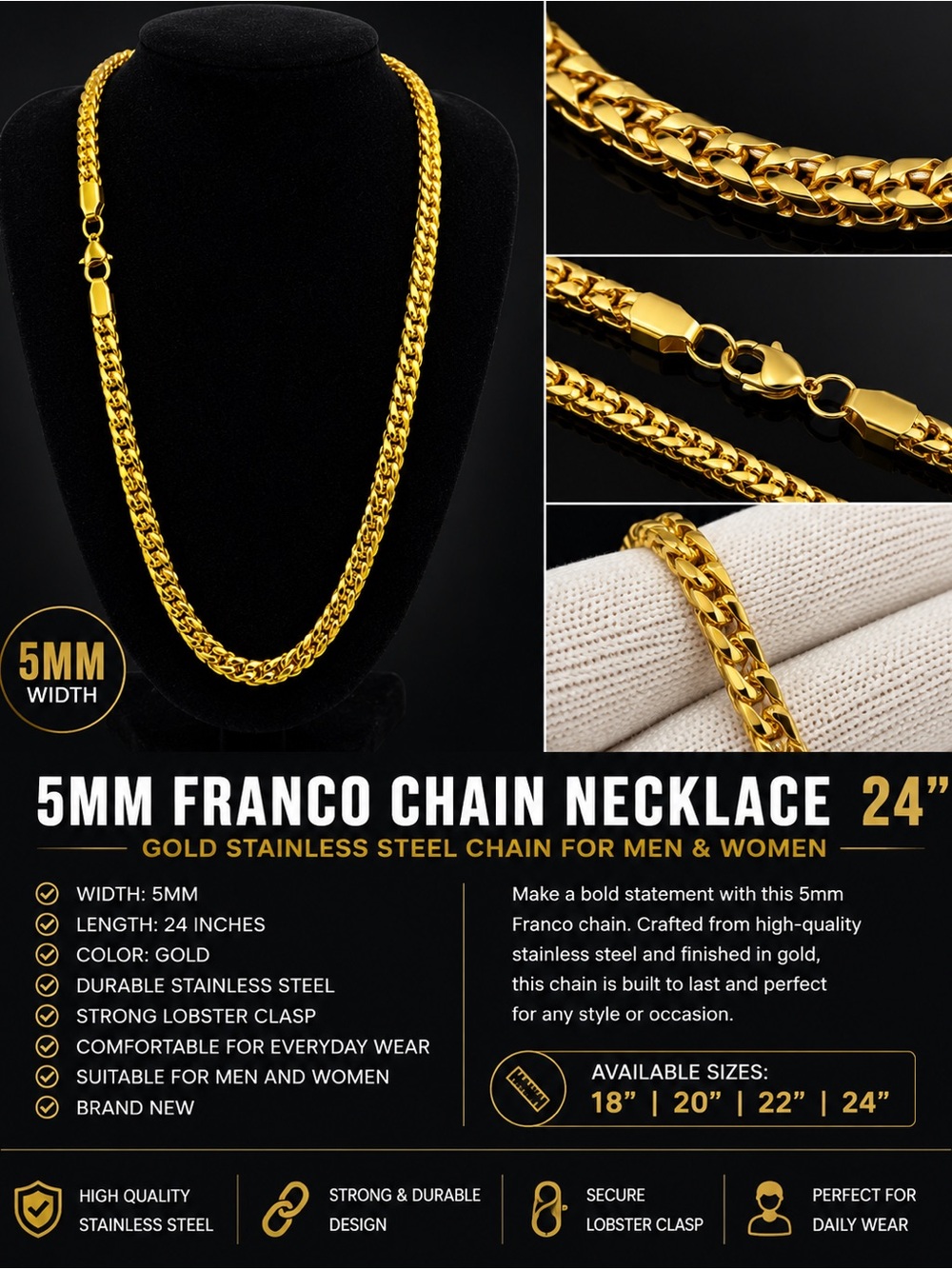 Gold 5mm Franco Chain Necklace - 24" - Men Accessories Jewelry